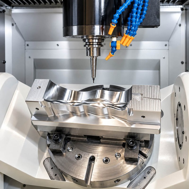 Aluminum component being machined inside a CNC machine