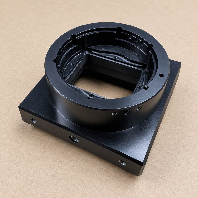 Black machined circular housing on a square base