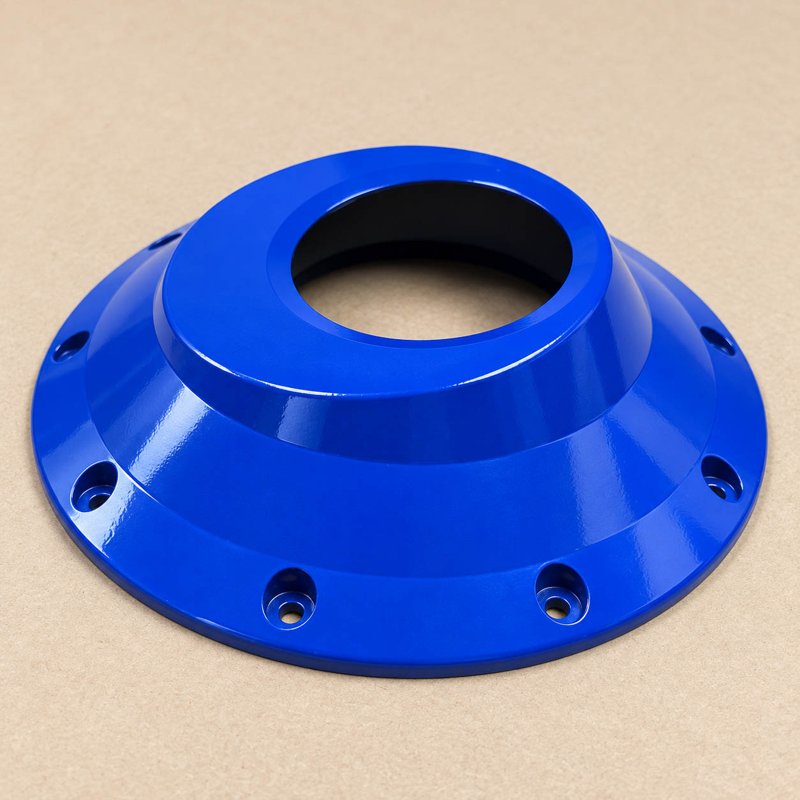 Blue anodized circular flange with mounting holes