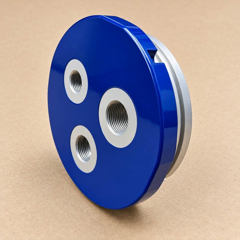 Blue anodized circular plate with three metal inserts