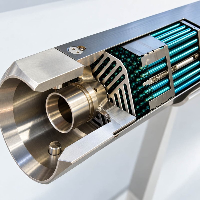 Cutaway cylindrical assembly showing internal rods and cooling fins
