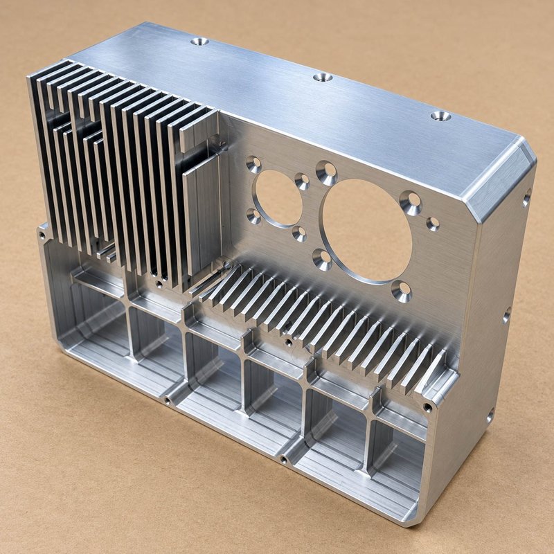 Aluminum enclosure with cooling fins and circular openings