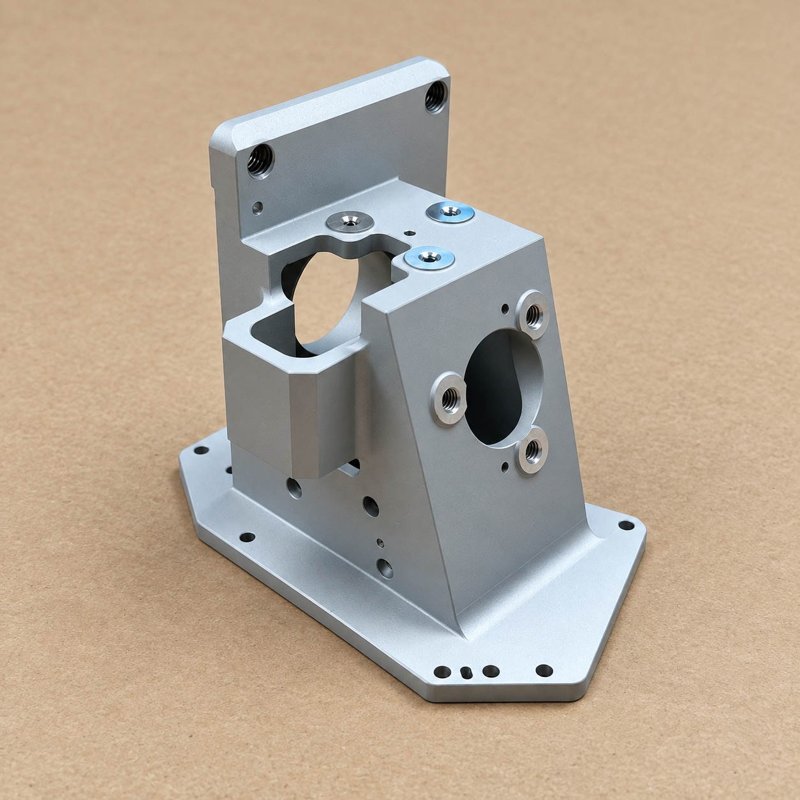 Vertical aluminum bracket with circular bores and a mounting base