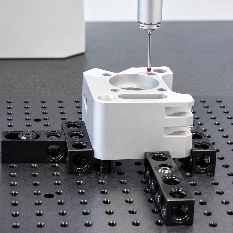 White machined component beneath an inspection probe