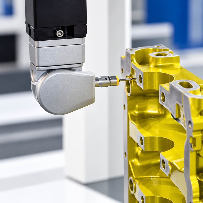 Yellow machined component undergoing dimensional inspection
