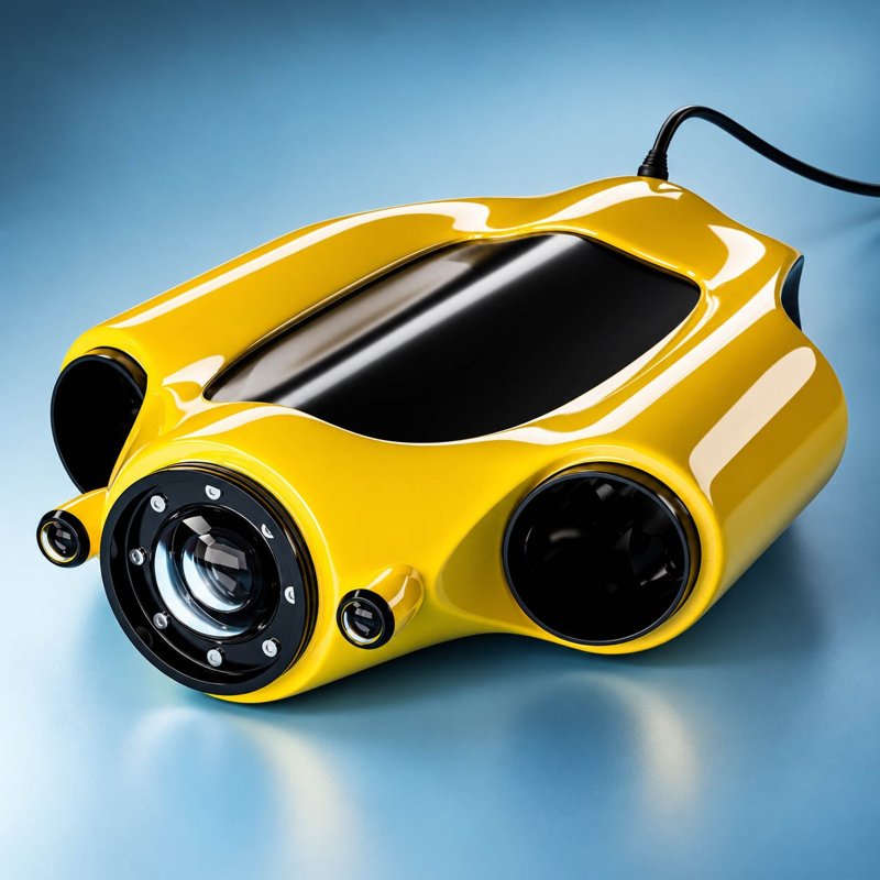 Yellow underwater camera housing with multiple lens ports