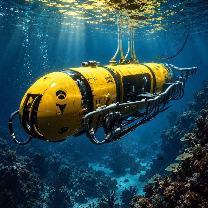 Yellow underwater vehicle operating beneath the sea